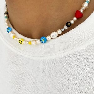 Colorful Beaded Necklace with Heart Charm